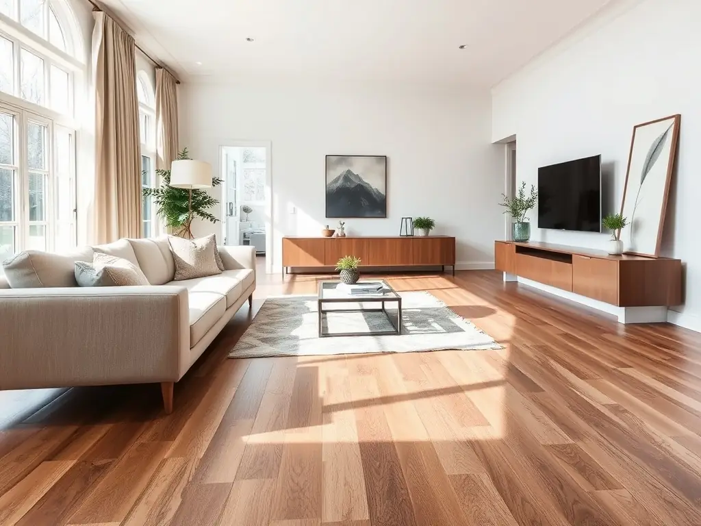 A modern living room showcasing elegant laminate flooring and contemporary decor.