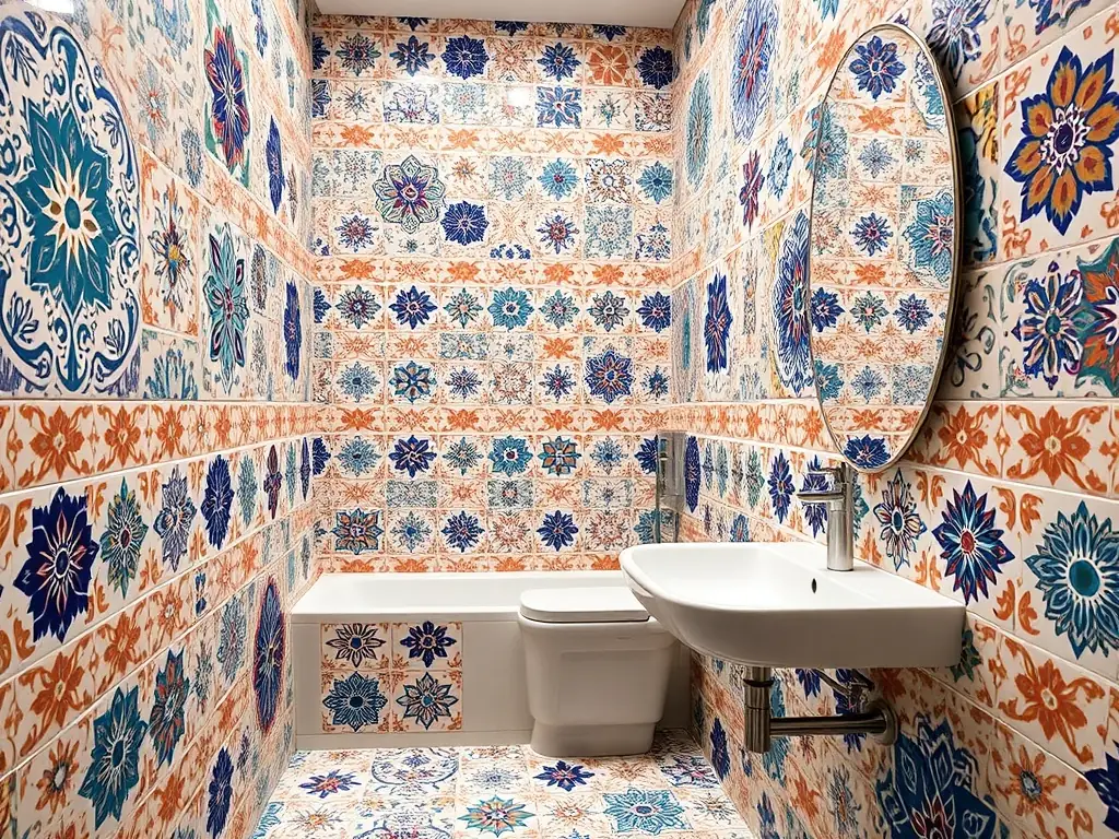 A beautifully tiled bathroom showcasing intricate designs.